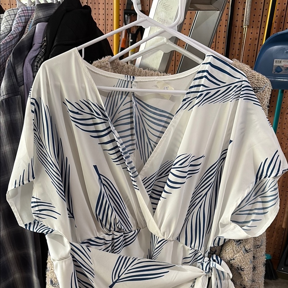 White and Blue Leaf Print Wrap Dress
